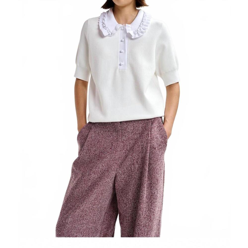 NEW ESSENTIEL ANTWERP jewelry embroidered knit polo in white
